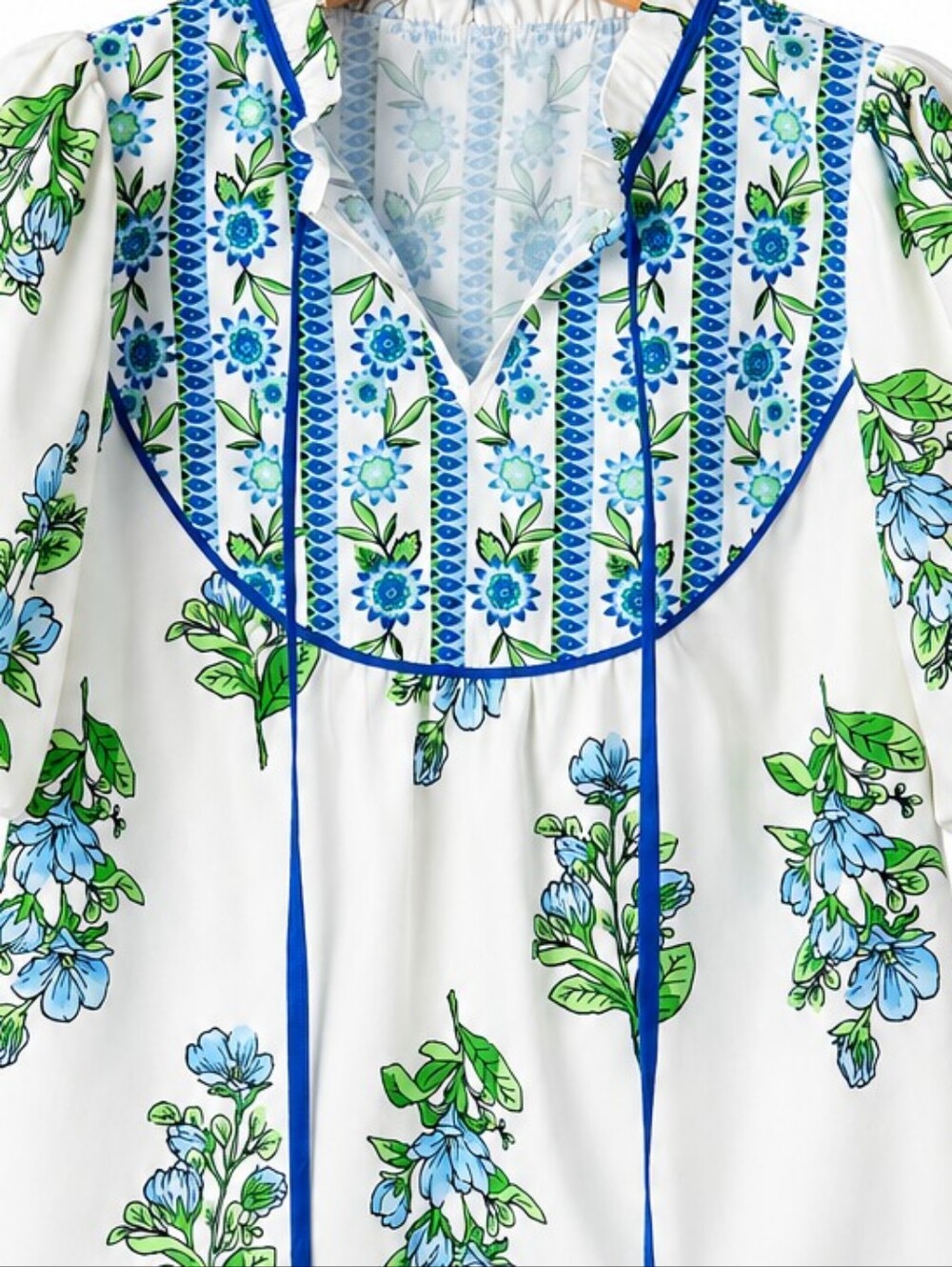 ENTRO Floral Embroidered Puff-Sleeve Peasant Top - White & Blue Size Large - Picture 5 of 5